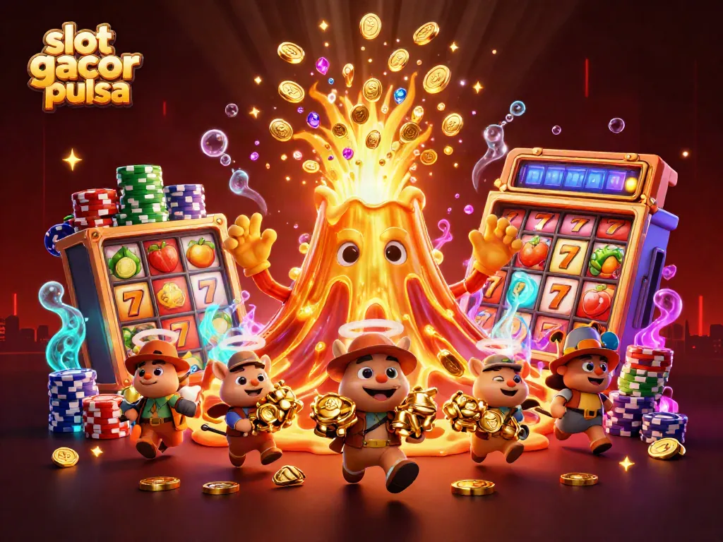 Experience slot gacor pulsa with a vibrant scene of a golden volcano erupting treasure alongside slot reels and poker chips.