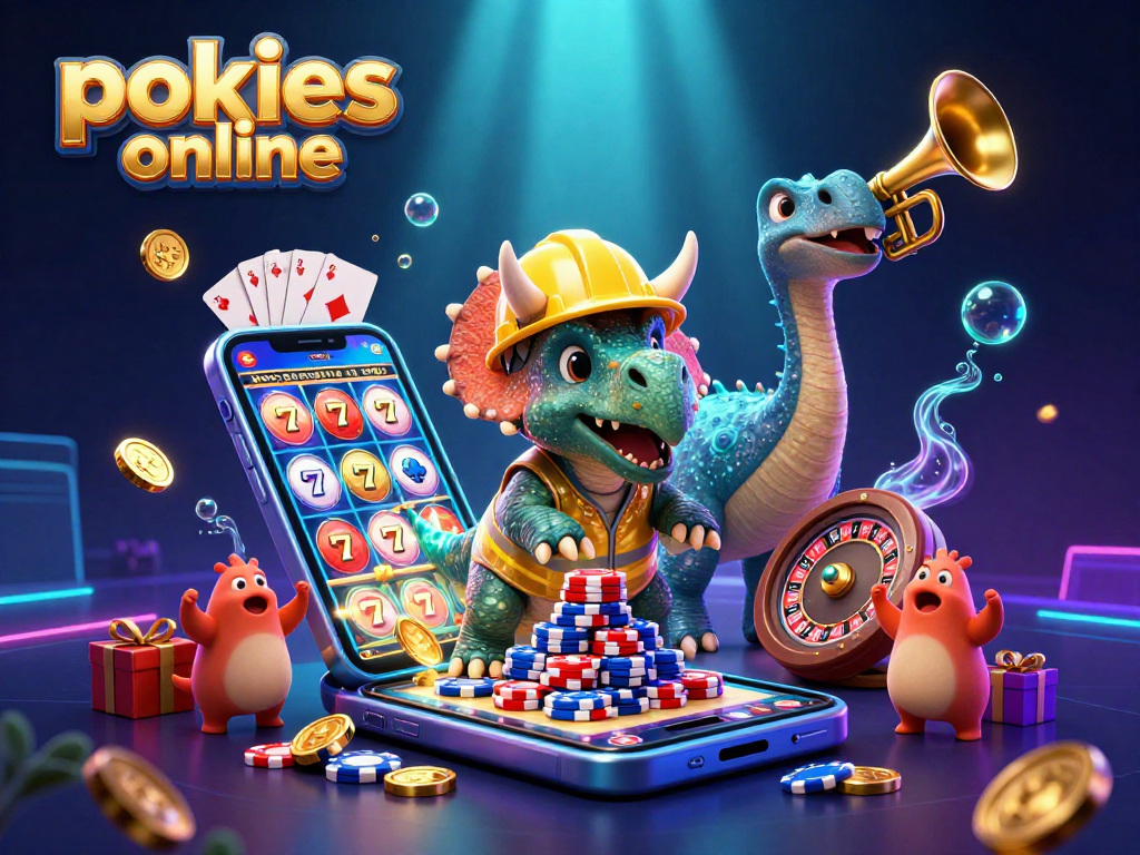 Experience pokies online excitement with smiling characters celebrating around dynamic gaming elements.