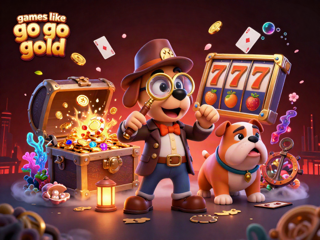 Play thrilling games like go go gold with a cartoon detective uncovering poker clues amidst coins and slots.
