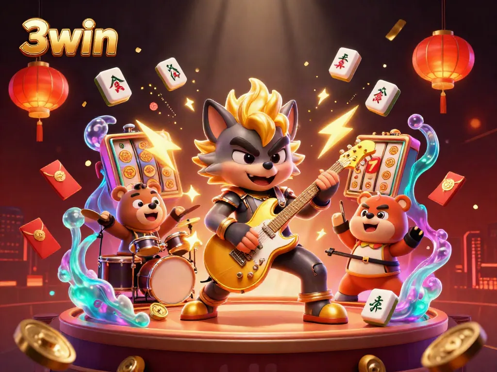 Experience the excitement of 3win as a wolf rock star plays guitar on a casino stage amidst vibrant gaming elements.