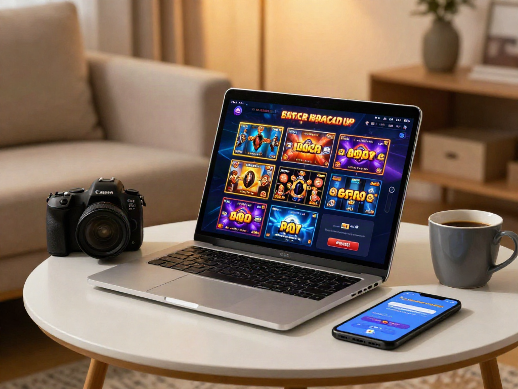 Engaging home gaming setup showcasing slot gacor games on a laptop with a cozy atmosphere.