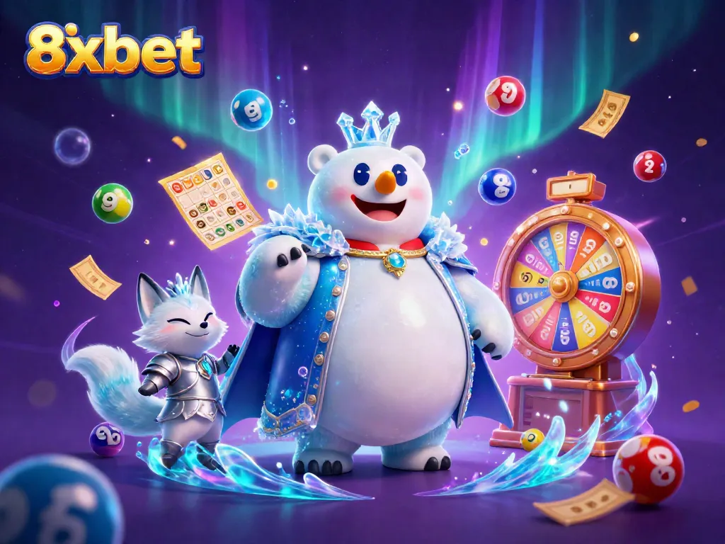 Engage with 8xbet's captivating illustration of a polar bear and snow fox surrounded by vibrant casino elements.