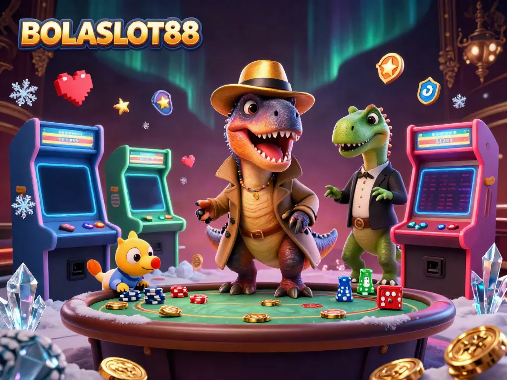 BOLASLOT88 presents a vibrant casino scene with a velociraptor card counter at a blackjack table, showcasing dynamic gaming elements.