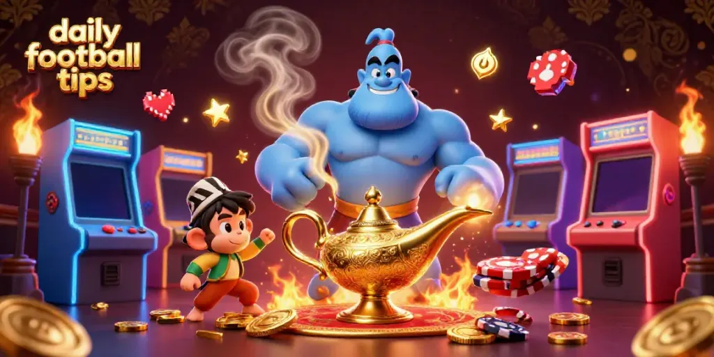 Engaging daily football tips illustration with a vibrant genie and casino elements in 3D.
