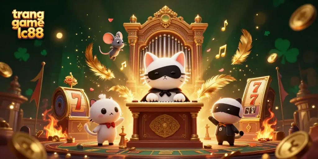 Engage with the captivating scene of trang game lc88, showcasing a mystical casino atmosphere with cartoon characters and slot elements.