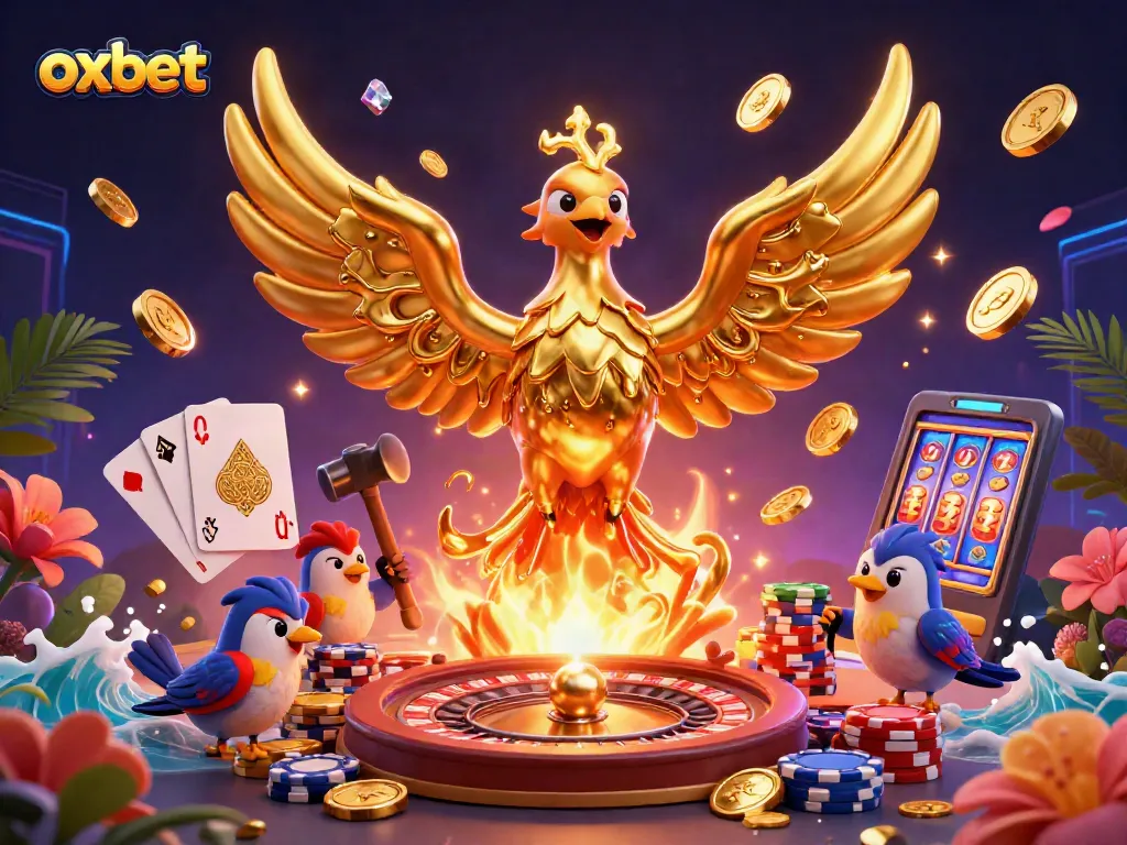 Spin the reels at oxbet with a vibrant scene of a molten gold phoenix and casino elements.