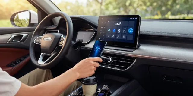 Menampilkan air88 sebagai adaptor Bluetooth di interior mobil modern, memperlihatkan pengalaman audio tanpa kabel yang nyaman.