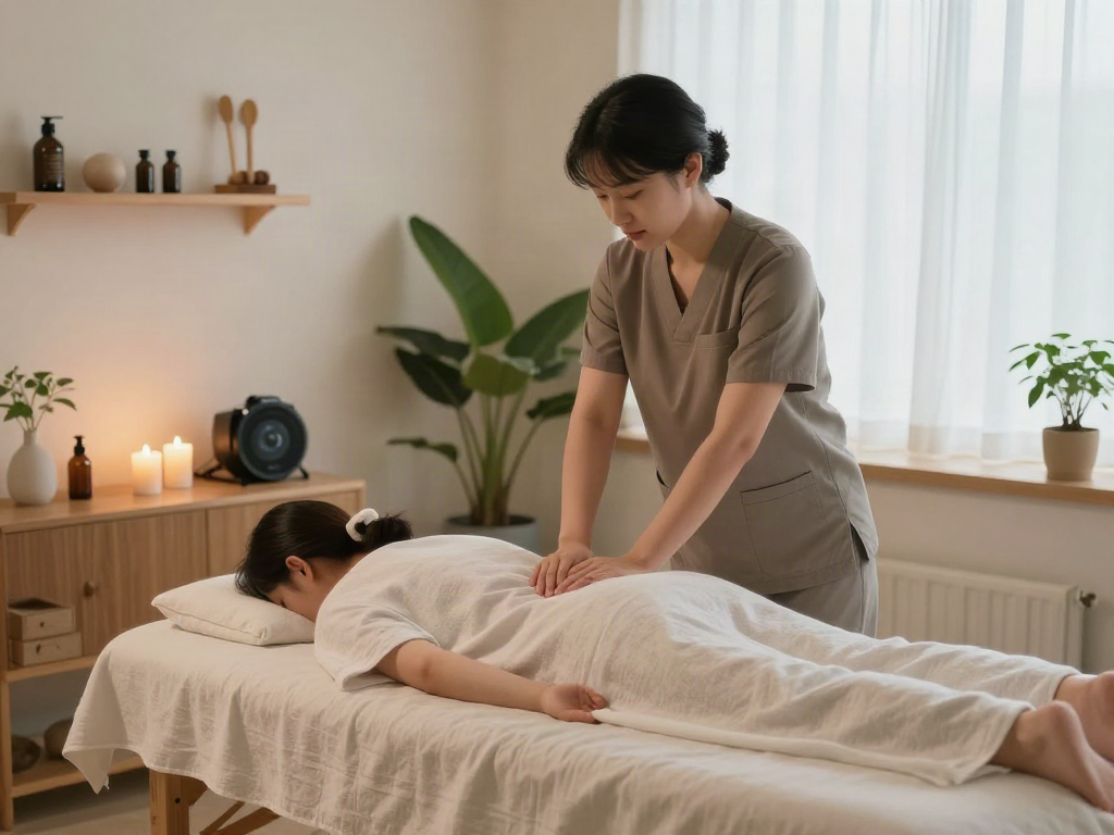 김포출장마사지 in a tranquil home spa setting with soft lighting and calming atmosphere.
