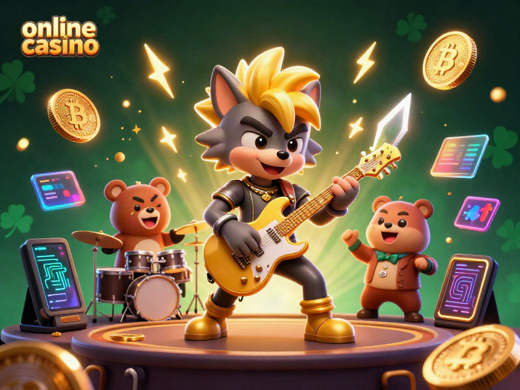 Experience the vibrant online casino world with rock star characters and crypto elements in a dynamic scene.