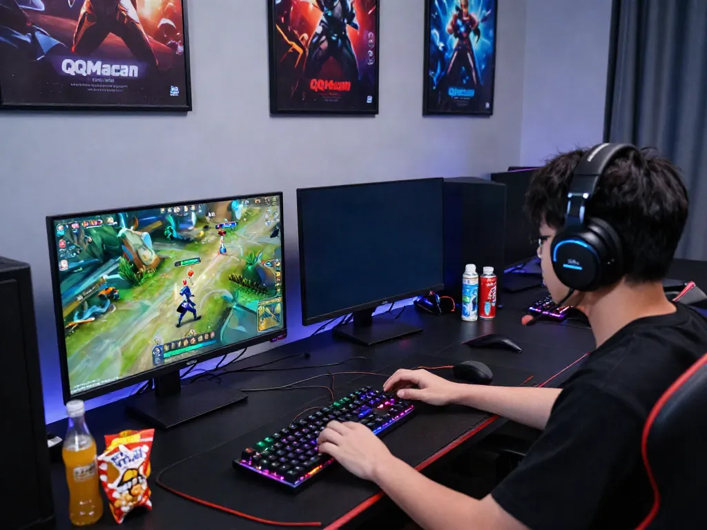 Player in an immersive gaming setup showcasing QQMacan games with vibrant screens and modern decor.