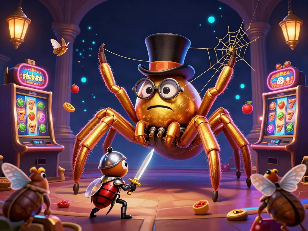 Engage with slot88 as a giant golden tarantula spins a web of casino excitement, surrounded by colorful slot machines.