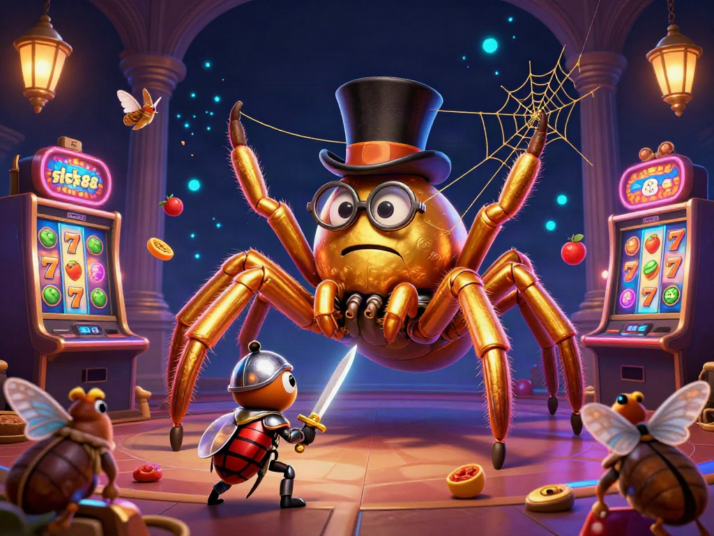 Engage with slot88 as a giant golden tarantula spins a web of casino excitement, surrounded by colorful slot machines.