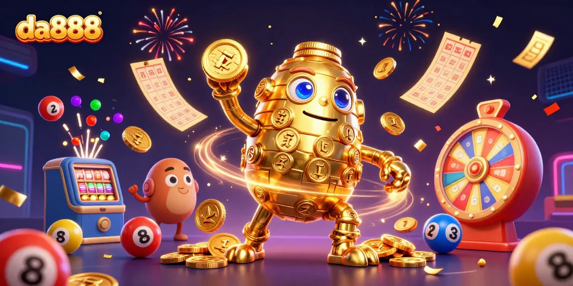 Engage with da888's vibrant casino atmosphere, featuring a dynamic golden golem surrounded by lottery elements.
