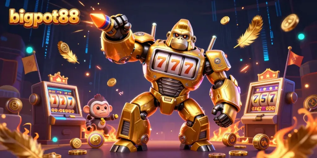 Engage with bigpot88 through visually stunning gaming experiences featuring a golden gorilla mech and slot elements.
