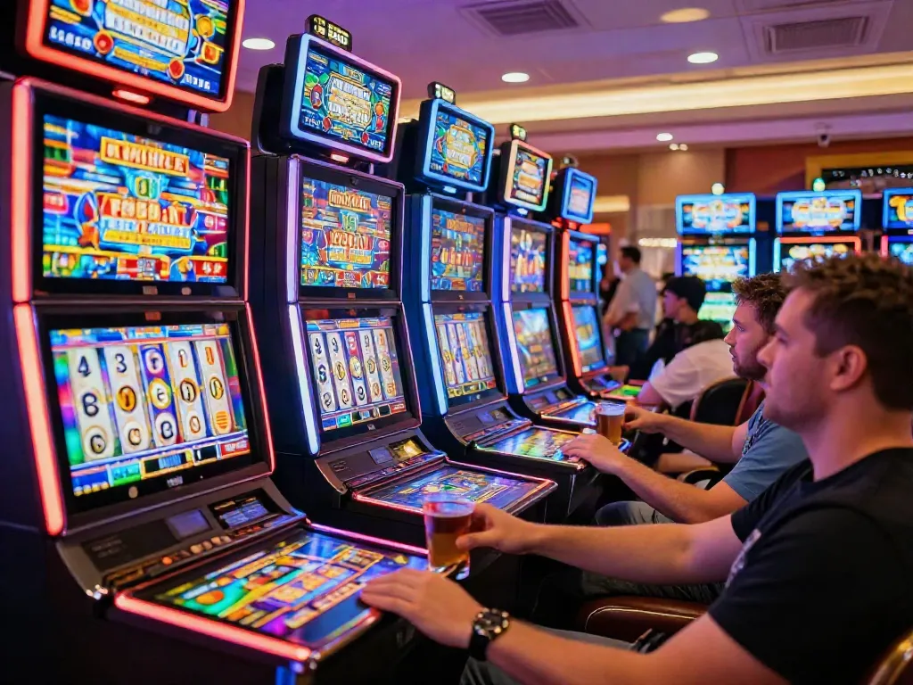 Exciting scene of players enjoying luxury12 slot machines in a vibrant casino.