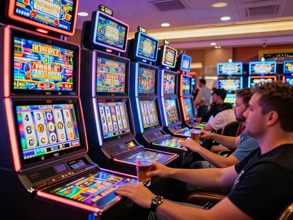 Exciting scene of players enjoying luxury12 slot machines in a vibrant casino.