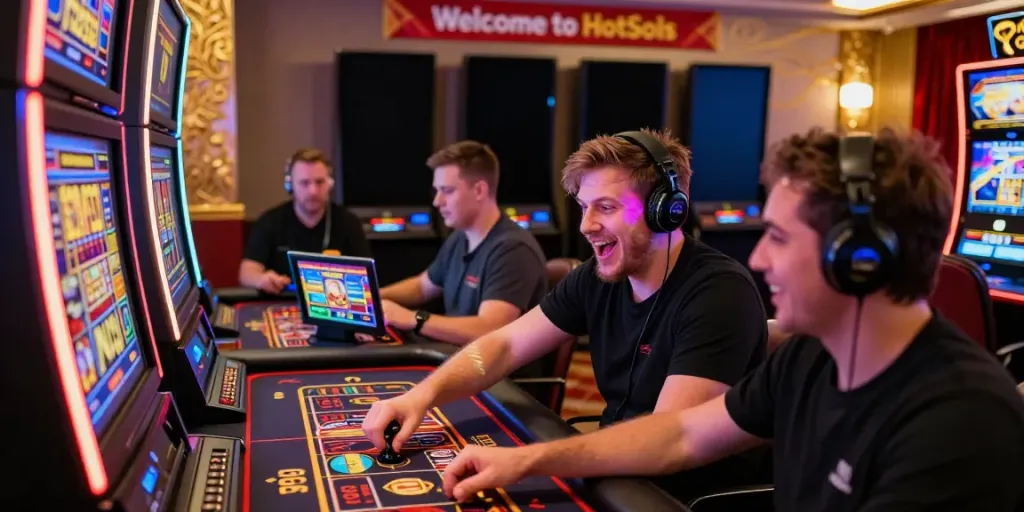 Erleben Sie die Aufregung im Hotslots Casino mit Spielern, die an Spielautomaten und Roulette teilnehmen.