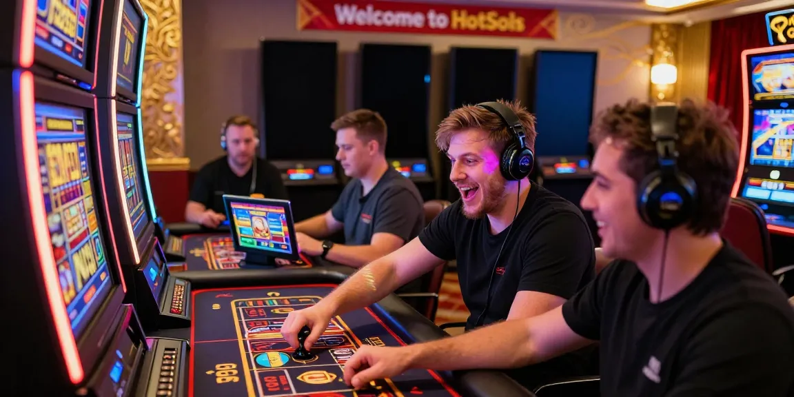 Erleben Sie die Aufregung im Hotslots Casino mit Spielern, die an Spielautomaten und Roulette teilnehmen.