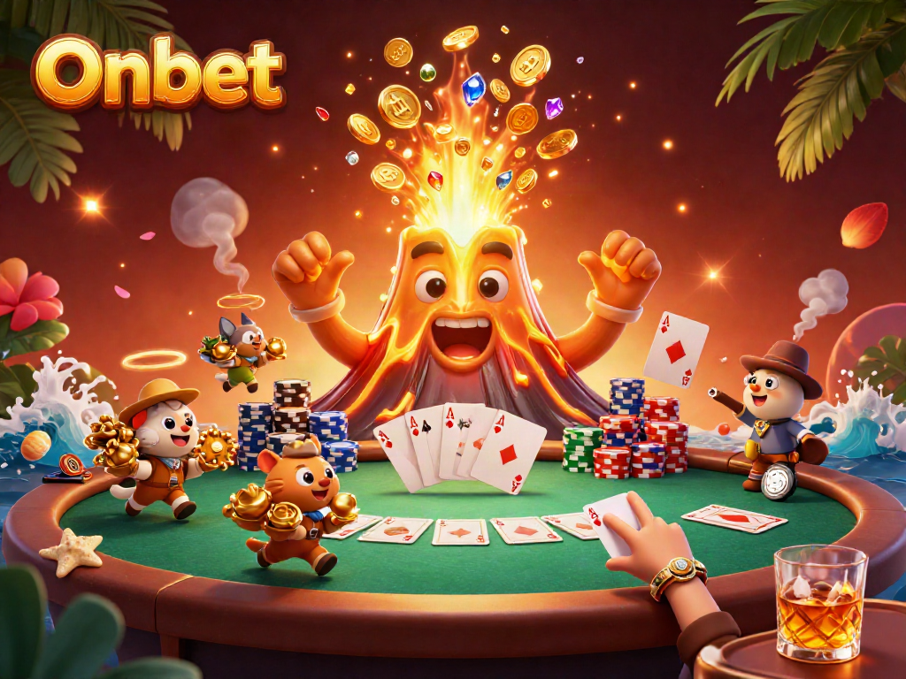 Experience thrilling wins with Onbet at this vibrant online casino adventure illustration filled with treasures.