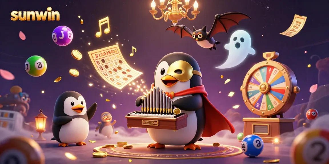 Engaging illustration of the sunwin gaming experience featuring a penguin playing a golden organ, surrounded by vibrant casino elements.
