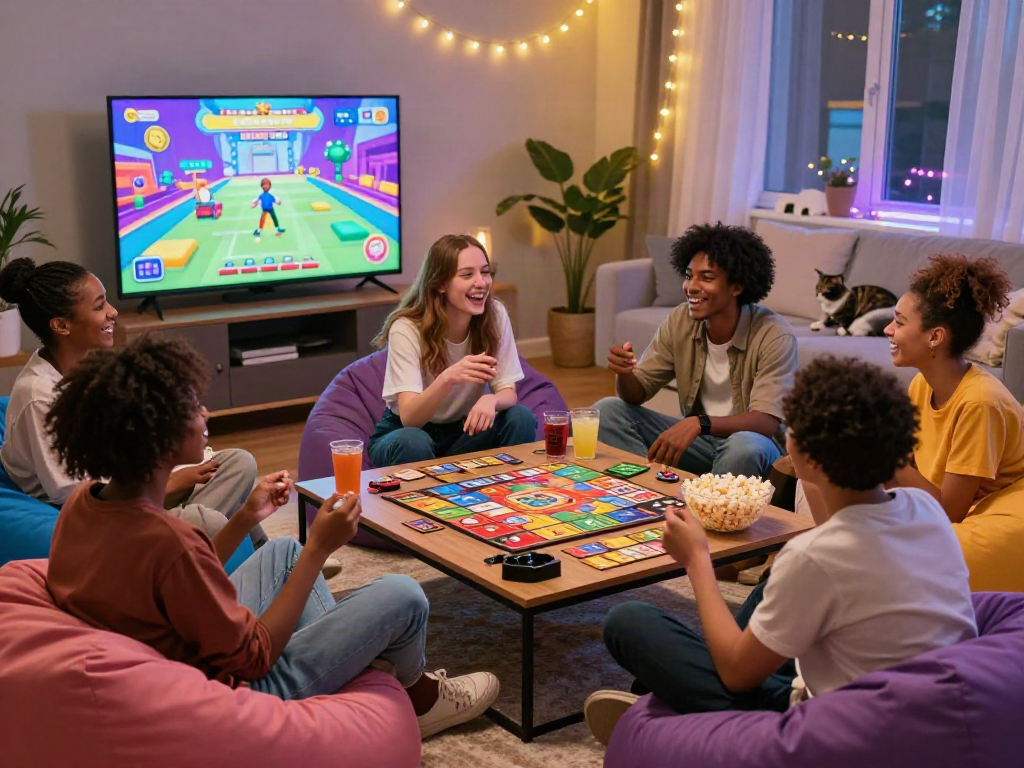 Engaging group enjoying sex games night in a cozy living room with laughter and snacks.