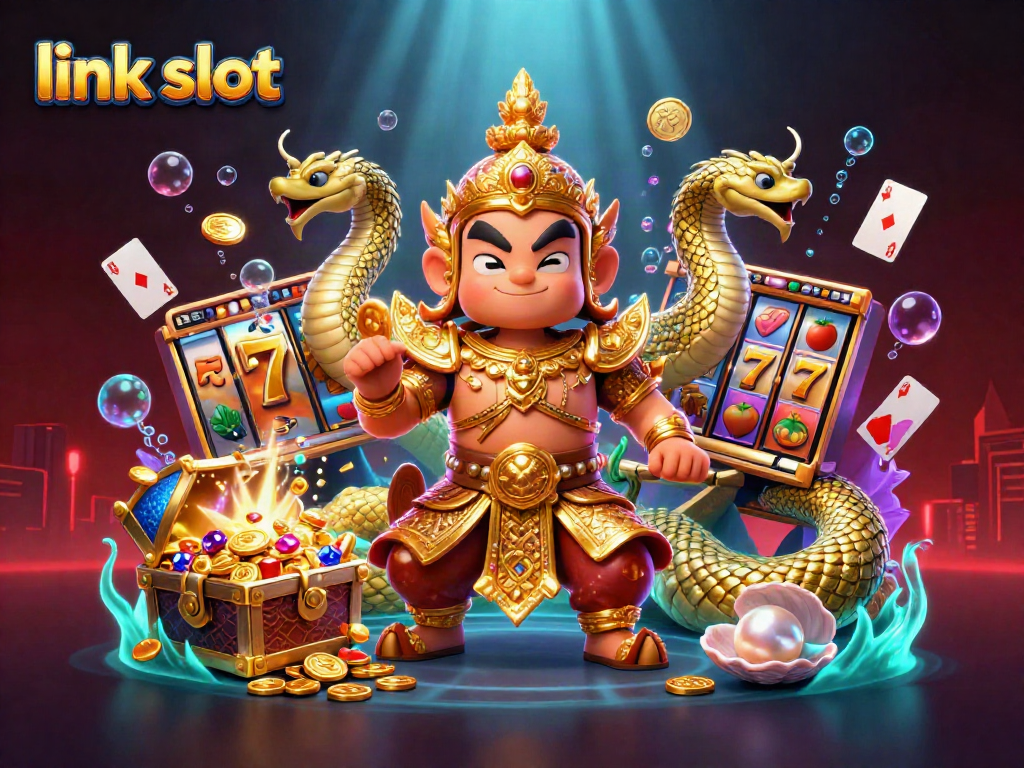 Experience thrilling gameplay with 'link slot' surrounded by colorful slot games and gold treasures in this vibrant illustration.
