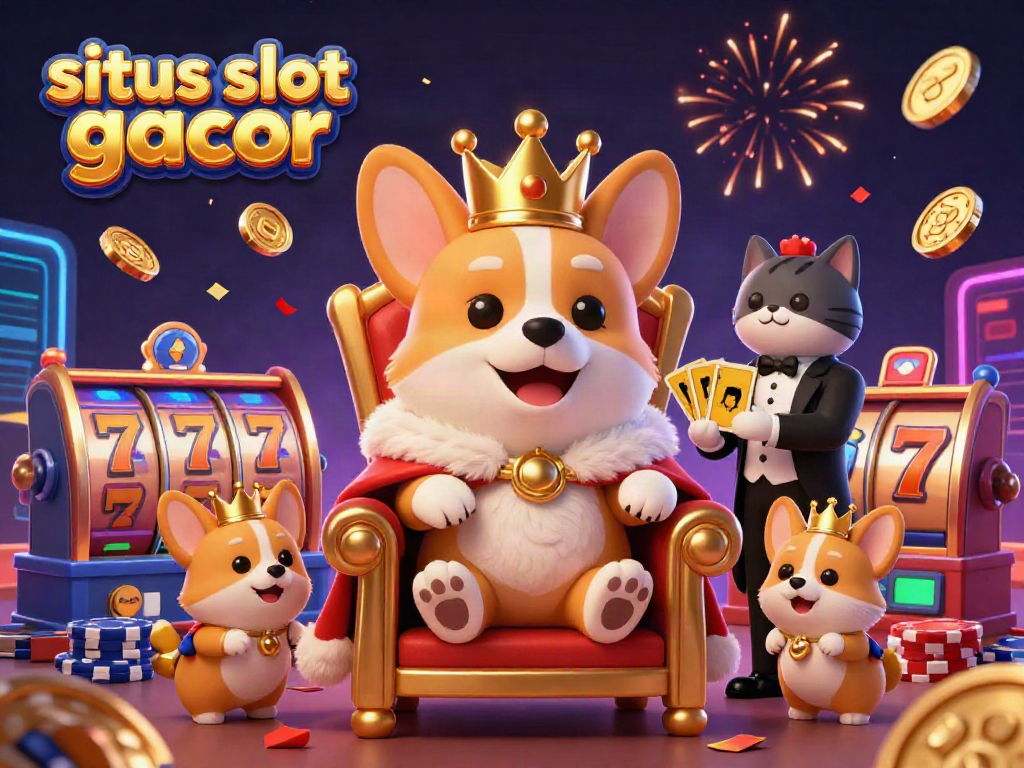 Experience situs slot gacor with a royal corgi, golden cards, and slot elements in a vibrant casino scene.