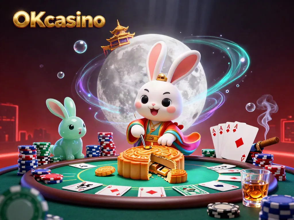 ภาพประกอบ 3 มิติของ OKcasino ที่มีกระต่ายบนดวงจันทร์กำลังตีขนมเค้กทองคำที่มีชิปโป๊กเกอร์อยู่ข้างใน