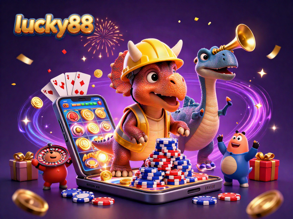 Experience excitement with lucky88 as a triceratops builds poker chip towers in a casino scene.
