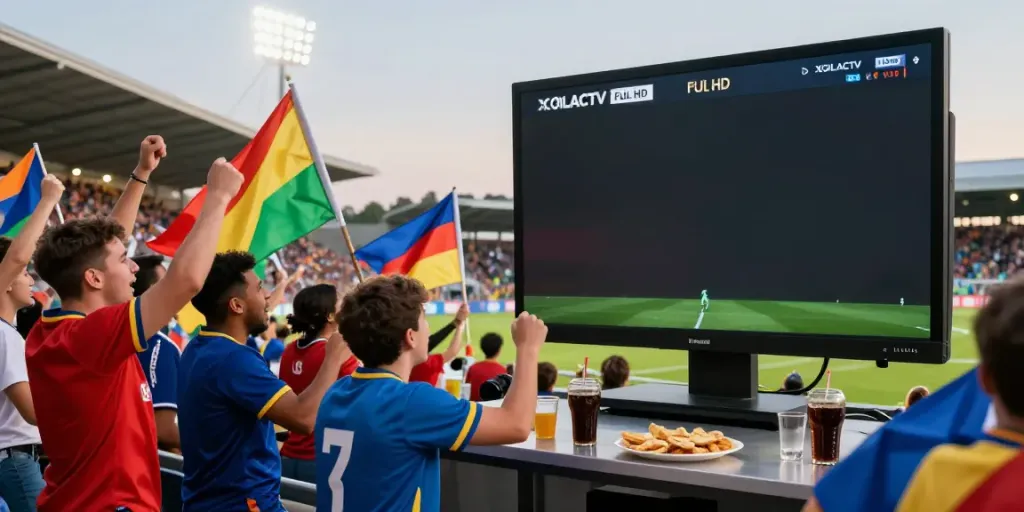Fans enjoying XOILACTV Full HD live football broadcasts with match information at an outdoor celebration.