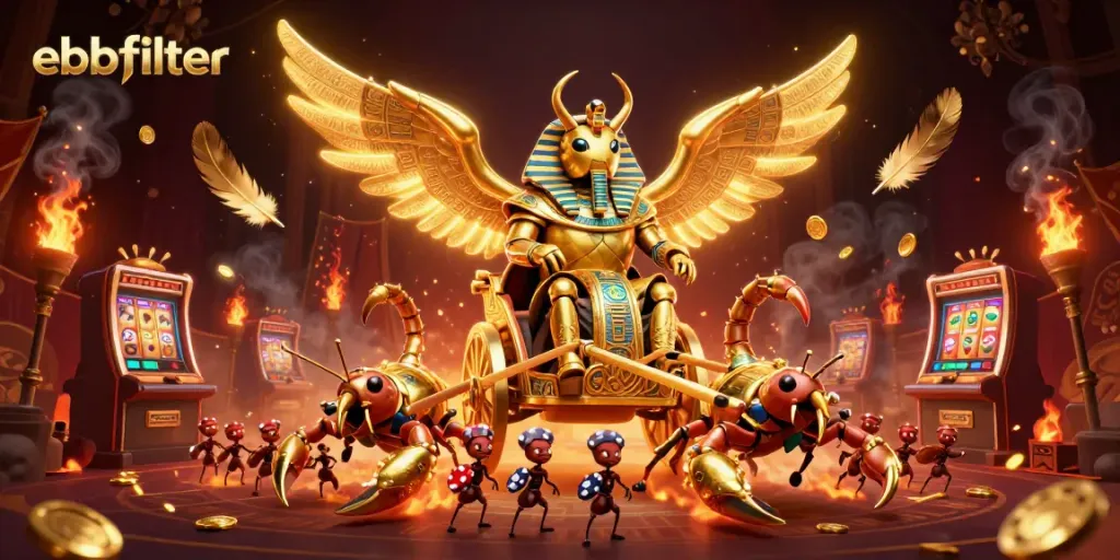 Spin to win with ebbfilter's vibrant casino scene featuring a golden scarab chariot