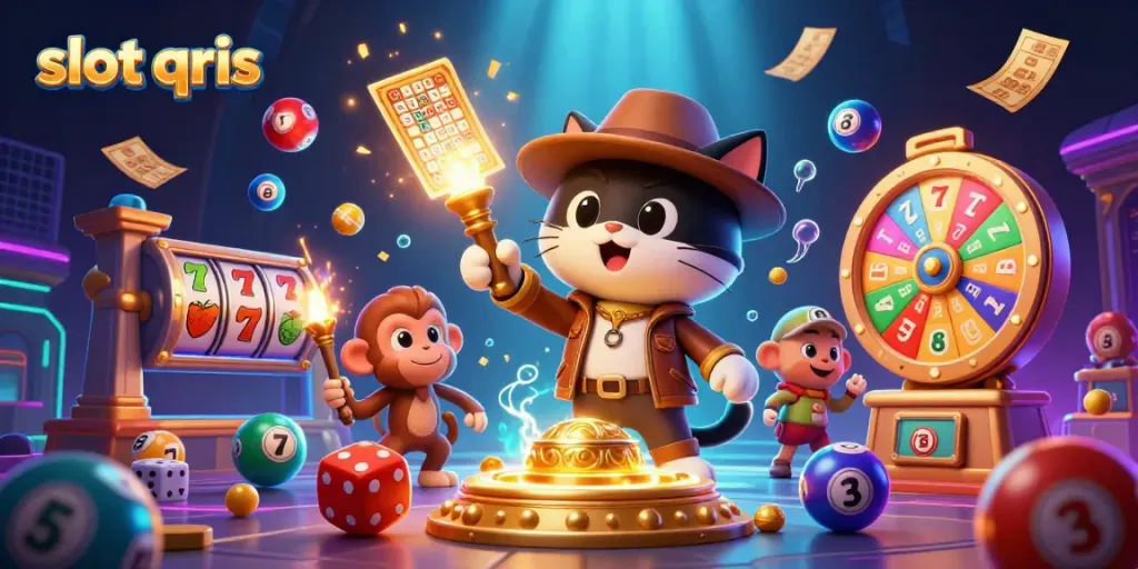 Discover exciting slot qris jackpots with an adventurous cat archaeologist exploring a vibrant casino world.