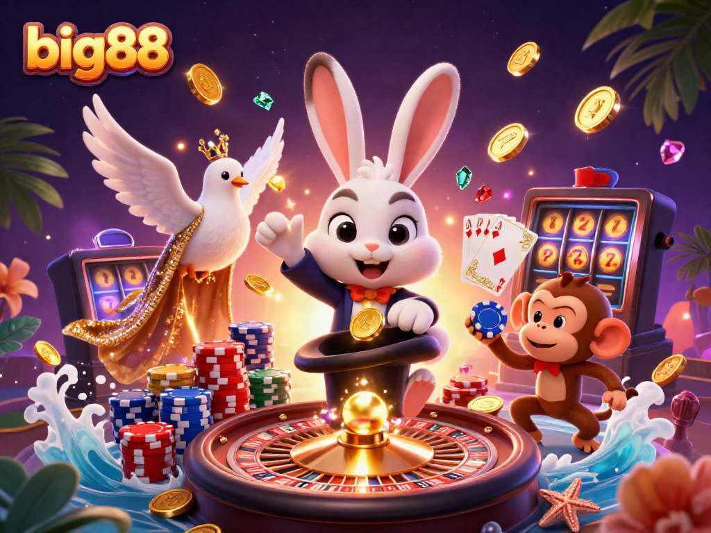Experience the magic with big88 as a magician rabbit conjures coins, poker chips, and vibrant game elements.