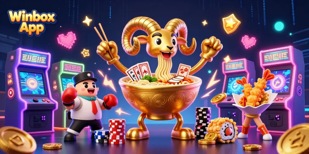 Engage with the exhilarating Winbox App in a vibrant casino atmosphere filled with 3D characters and game excitement.