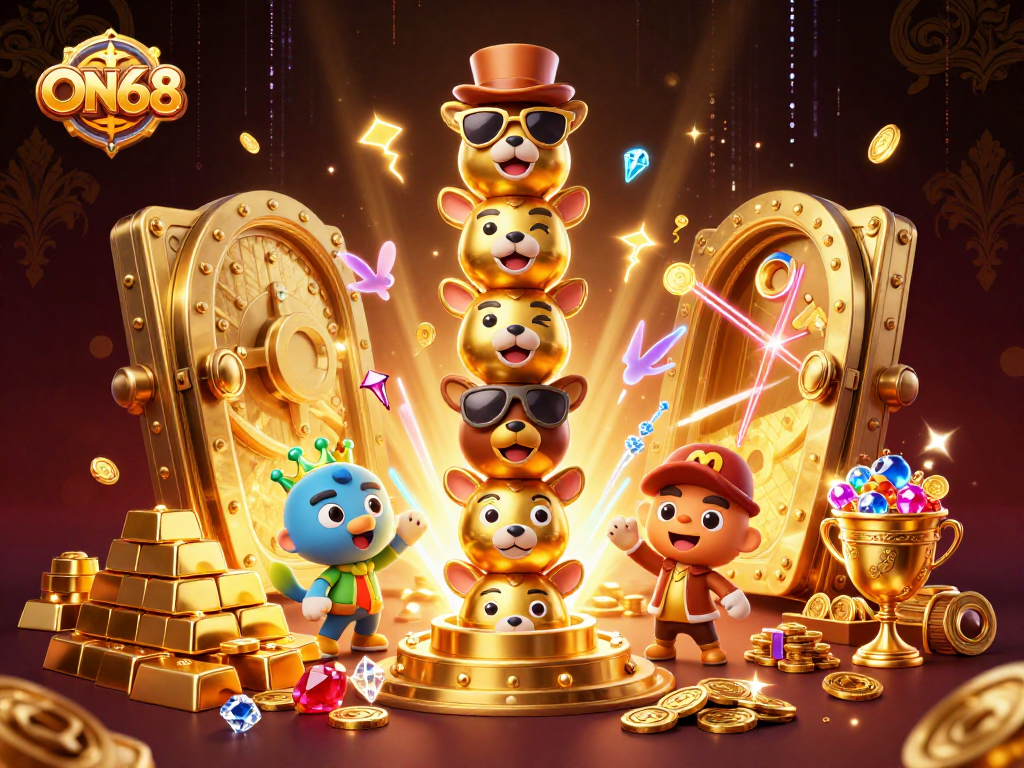 Experience thrilling gaming at ON68 with a dynamic 3D casino scene filled with treasures and excitement.