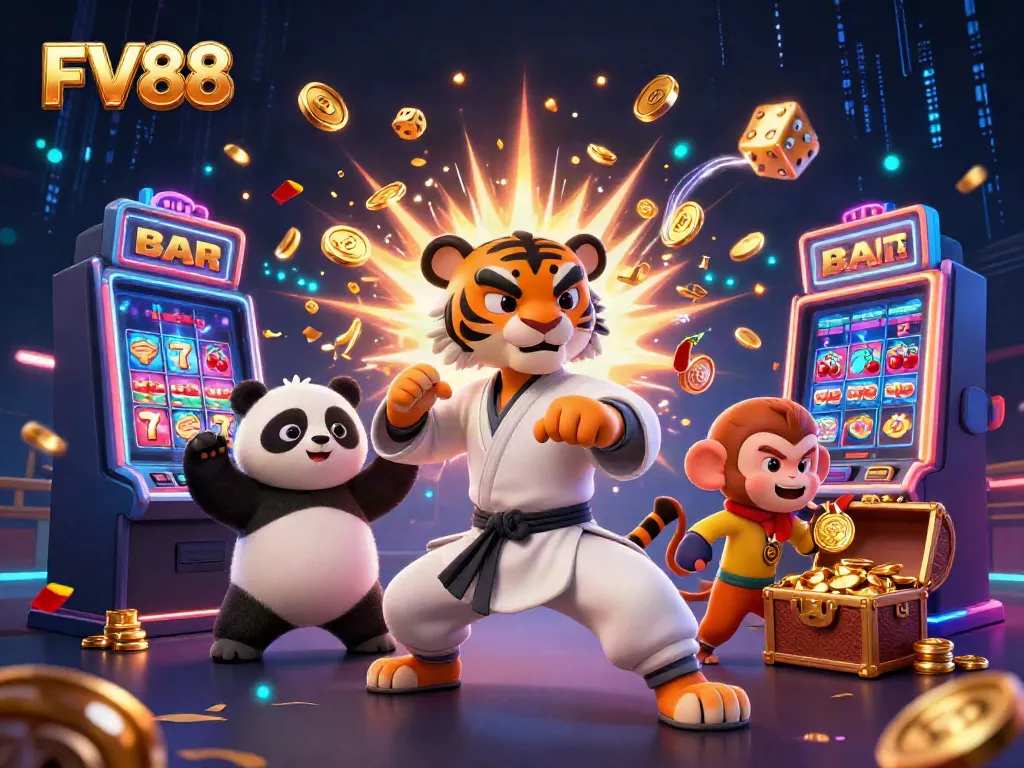 Experience the thrill of FV88 with a dynamic scene of playful characters and exciting casino elements.