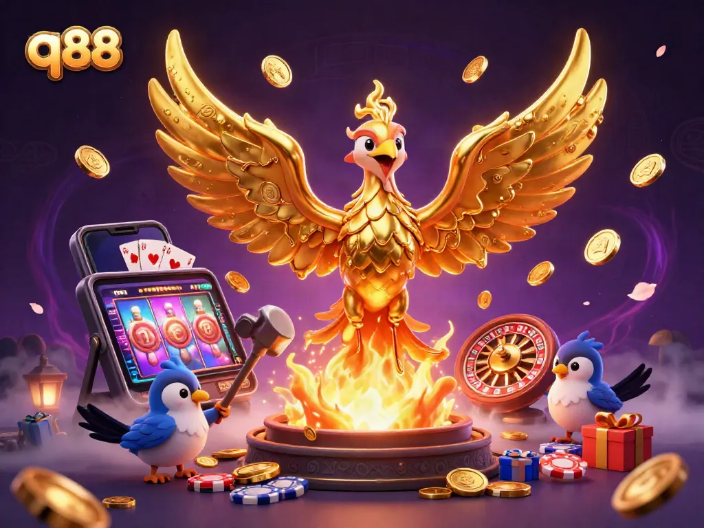 Experience the excitement of q88 with a molten golden phoenix and vibrant casino games.