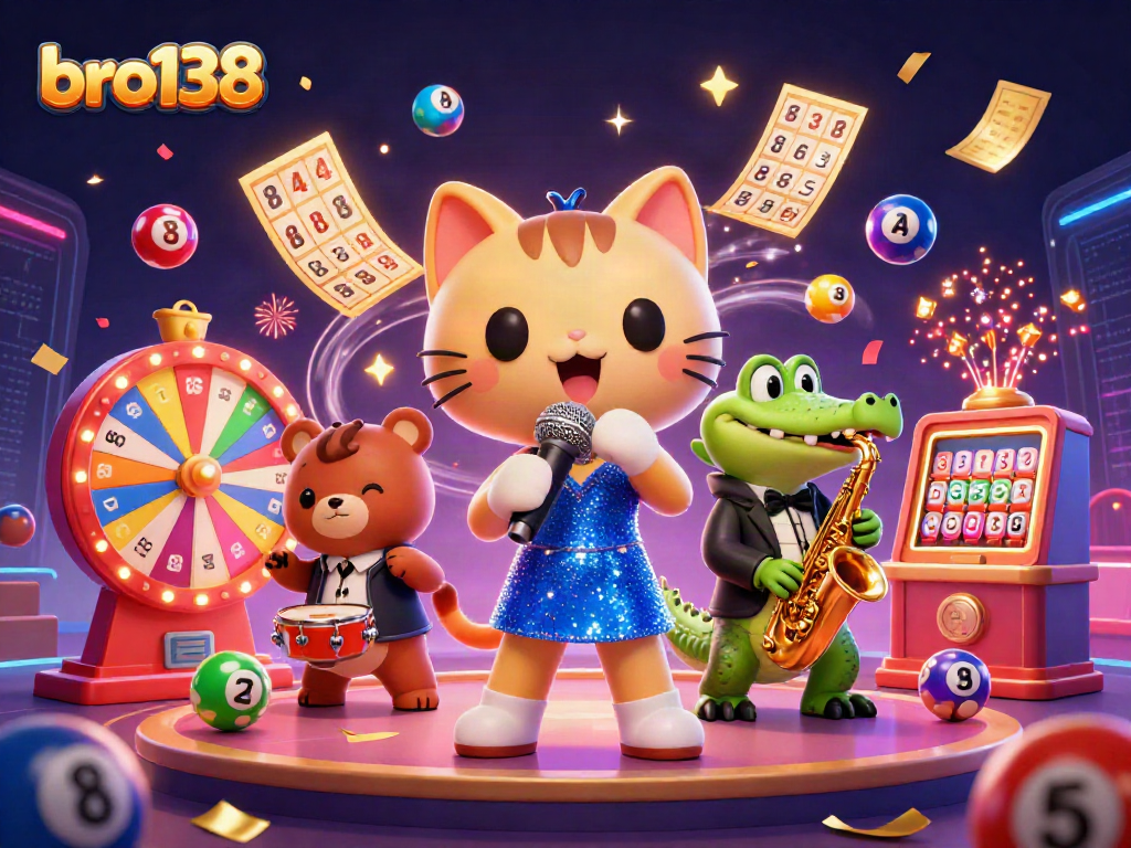 Engage in thrilling lottery action at bro138 with 3D jazz-singer cat, croc musician, and festive decor.