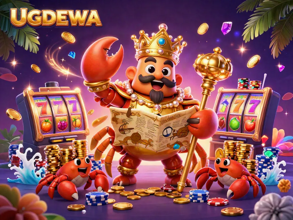 Engage with UGDEWA's golden crab emperor amidst a vibrant casino scene filled with slots and treasures.