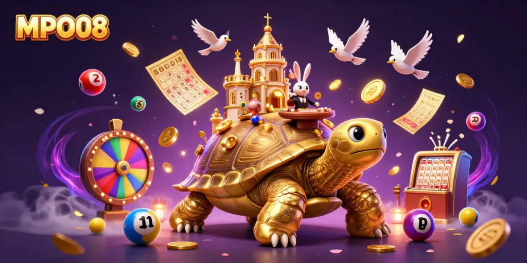Engage with MPO08's online gaming world featuring vibrant illustrations of slots and a lively casino ambiance.
