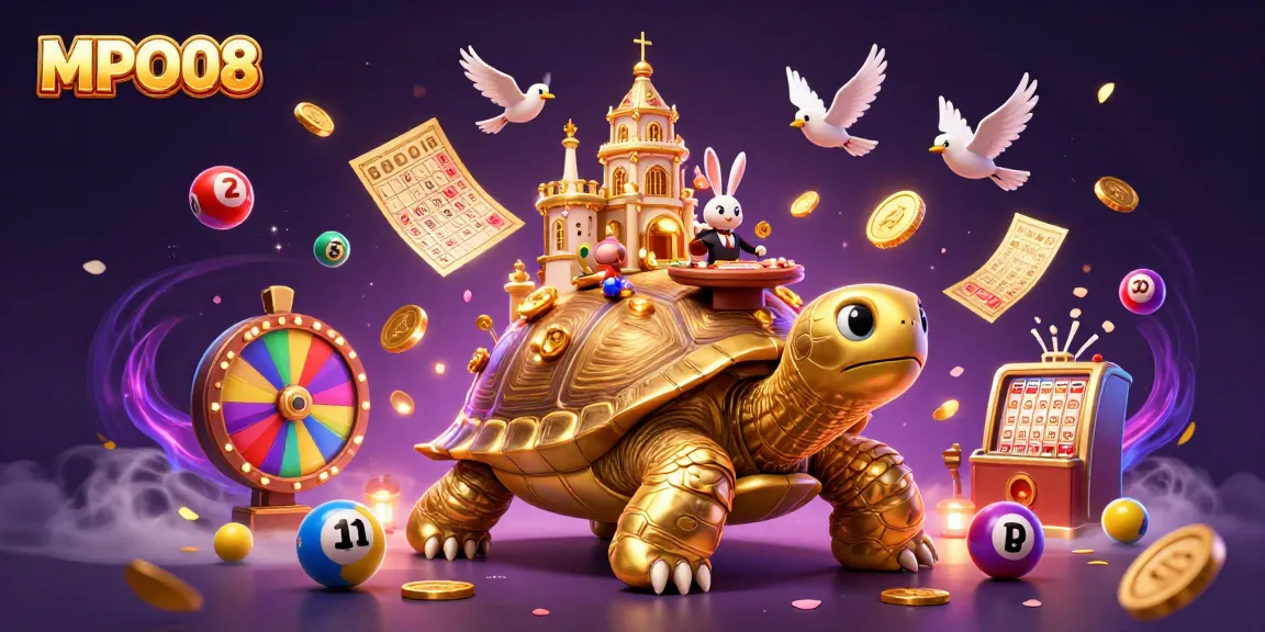 Engage with MPO08's online gaming world featuring vibrant illustrations of slots and a lively casino ambiance.