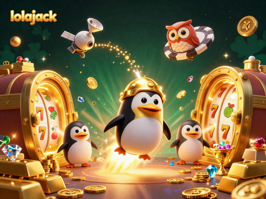 Experience lolajack as the golden penguin navigates a vibrant casino theme filled with treasure and excitement.