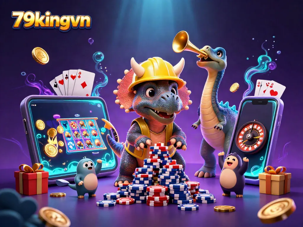 Experience the vibrant world of gaming at 79kingvn with triceratops and casino elements celebrating winning.