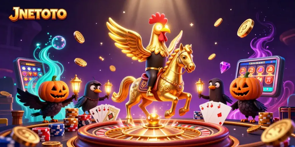 Join the excitement at JNETOTO in a vibrant casino scene with a golden rooster and crow companions.