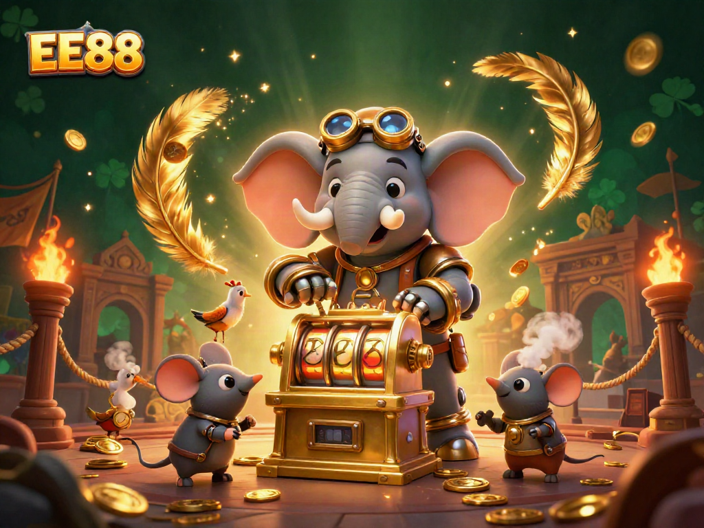 Experience EE88 with an immersive steampunk casino scene featuring a golden slot machine and dynamic characters.