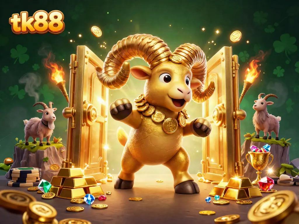 Experience thrilling gaming at tk88 with a golden ram and treasures, showcasing casino excitement.