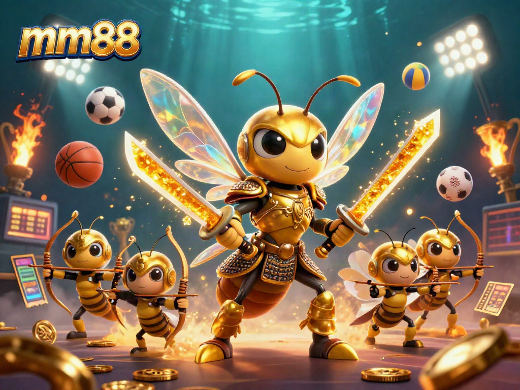 Experience thrilling betting with mm88 as golden hornets and sports elements come alive in this vibrant 3D illustration.