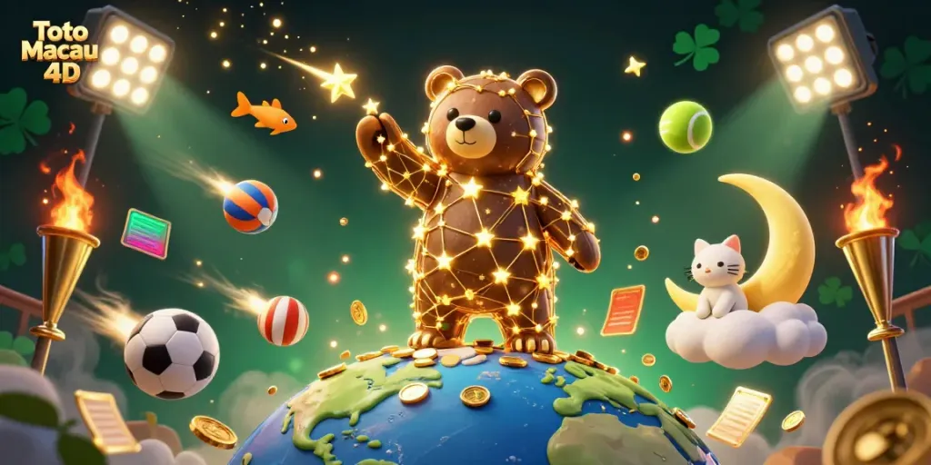Witness the magic of Toto Macau 4D as a constellation bear fishes for coins amid shooting stars and vibrant sports elements.