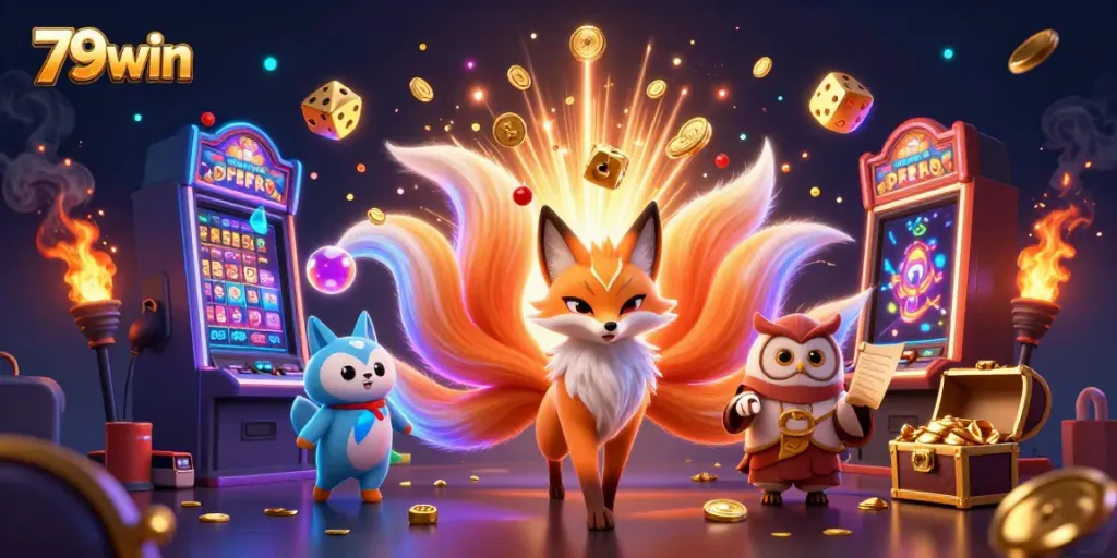 Interact with vibrant 79win gaming elements featuring a colorful nine-tailed fox and dynamic slot machine scene.
