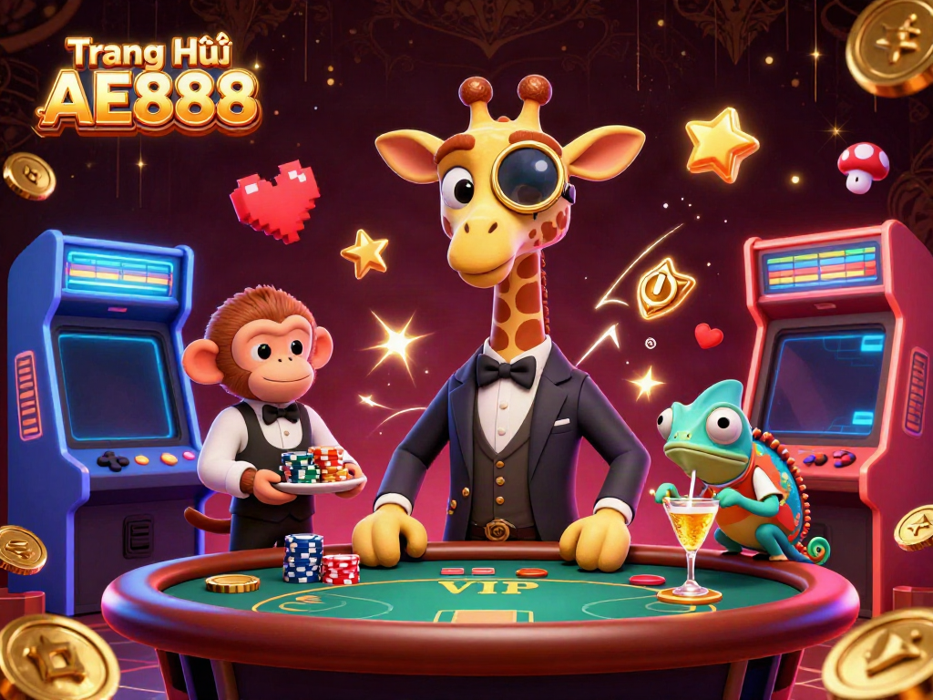 Experience thrilling gaming at Trang Chủ AE888 with high-roller giraffe and vibrant casino elements.